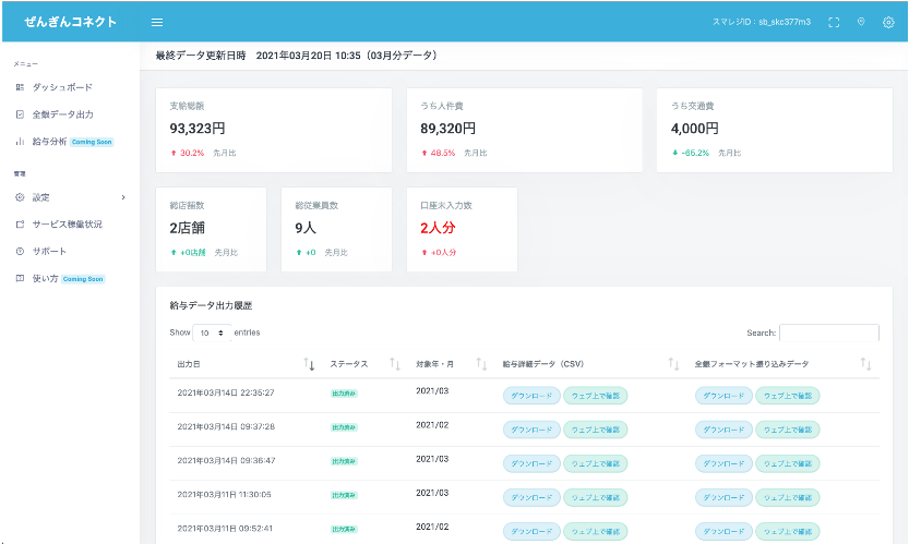 ぜんぎんコネクト ダッシュボード画面